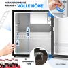 A mini refrigerator with dimensions and features highlighted. Produktbild-Vorschau
