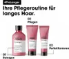 A marketing image showing three L'Oréal Pro Longer hair care products arranged in a line, with numbered steps and text indicating a hair care routine. Produktbild-Vorschau