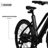 A close-up view of the rear wheel and frame of a black electric bicycle, with text labels indicating brand and features. Produktbild-Vorschau