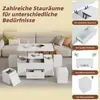 A living room scene with a white couch and a white lift-top coffee table with storage and stools. Podgląd zdjęcia produktu