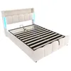 A beige upholstered bed frame with a slatted mattress base and integrated LED lighting. Náhľad obrázku produktu