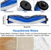 A diagram showing a vacuum cleaner brush roll with dimensions and text descriptions, along with three inset images of different floor surfaces. Produktbild-Vorschau
