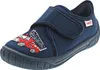 A single blue children's slipper with a fire truck embroidered on it, shown from a side-front angle on a white background. Produktbild-Vorschau