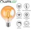 A product image of a vintage-style LED light bulb with accompanying feature icons. Produktbild-Vorschau