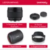 A collage of product images and text detailing the contents of a camera lens package. Voir les images du produit