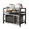 A microwave oven stand with a microwave on the bottom shelf and kitchen appliances on the top shelf. Produktbild-Vorschau