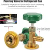 A close-up view of a piercing valve for a refrigerant can, with labels pointing to different parts and specifications. Podgląd zdjęcia produktu