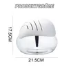 A white air purifier with a transparent base is shown against a white background, with dimensions indicated. Produktbild-Vorschau