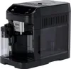 A black DeLonghi Magnifica Plus coffee machine is shown from a side-angle. Produktbild-Vorschau