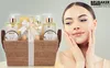 A woman is touching her face next to a gift basket filled with cosmetic products. Produktbild-Vorschau
