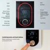 A digital thermostat is shown with its features highlighted and a hand interacting with a similar device. Produktbild-Vorschau