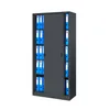 A dark gray metal filing cabinet with multiple shelves filled with blue binders, presented on a white background. Produktbild-Vorschau