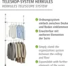 A product image showing a telescopic wardrobe system with clothes hanging on it, accompanied by descriptive text in German and English. Produktbild-Vorschau