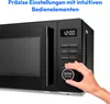 A hand is shown interacting with the control panel of a black microwave oven. Produktbild-Vorschau