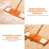 A collage of four images showing a mop cleaning different types of messes on a wooden floor. Produktbild-Vorschau