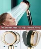 A woman is showering with a new shower head, and the bottom part of the image shows the shower head from different angles. Produktbild-Vorschau