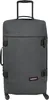 A studio shot of a dark gray rolling suitcase.
