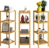 Three wooden shelving units with various bathroom and decorative items. Produktbild-Vorschau