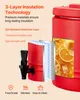 A cutaway view of a red insulated beverage dispenser, highlighting its 3-layer insulation technology, with text and icons explaining its features. Produktbild-Vorschau