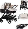 A collage of images showing a twin stroller in different configurations and accessories. Produktbild-Vorschau