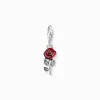 A silver charm in the shape of a red rose with green leaves, attached to a silver clasp. Produktbild-Vorschau