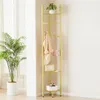 A gold metal corner shelf unit with clothes and bags on it, next to a large potted plant. Podgląd zdjęcia produktu
