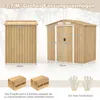 Diagram showing the dimensions and features of a garden shed, along with packaging and gloves. Anteprima dell’immagine prodotto
