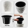 A collage of four images showing a white decorative planter with a black insert, dimensions, and how to use the insert. Náhľad obrázku produktu