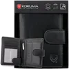 A black leather wallet is displayed in its packaging, with an open view of its interior compartments. Produktbild-Vorschau
