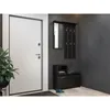A modern entryway with a white door, a black shoe cabinet with a mirror and coat rack, and a potted plant. Náhled obrázku produktu
