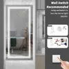 A bathroom with a large LED mirror, showing installation instructions and a wall switch. Náhled obrázku produktu