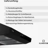 A list of items included in the delivery of a Klarstein range hood, with a partial view of the product. Podgląd zdjęcia produktu