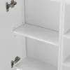 Interior view of a white cabinet with shelves and hinges. Produktbild-Vorschau