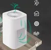 A white air purifier is shown on a wooden surface, with green arrows indicating airflow and icons on the right side representing features. Produktbild-Vorschau