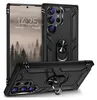 A black rugged phone case with a built-in ring stand, shown from multiple angles. Produktbild-Vorschau