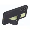 A dark gray Samsung phone case with a built-in stand is shown from a diagonal angle. Produktbild-Vorschau
