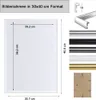 A diagram showing the dimensions of a picture frame, along with various color options and a close-up of the back of a frame. Produktbild-Vorschau