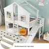 A white bunk bed with a slide, designed like a house, is shown in a child's room setting. Náhled obrázku produktu
