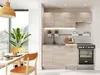 A modern kitchen set with light wood cabinets and stainless steel appliances is shown, with a dining table and chairs in the foreground. Produktbild-Vorschau
