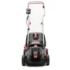 A front view of a black and red electric lawnmower against a white background. Produktbild-Vorschau