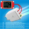 A white USB-C charger with a red display showing charging protocols, set against a blue background with light streaks. Produktbild-Vorschau