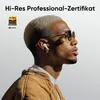 A man wearing earbuds and sunglasses, with text and logos overlayed. Produktbild-Vorschau