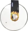 A glass pot lid with a metal rim and handle, featuring a product label with an image of food. Náhľad obrázku produktu
