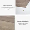 A collage of four images showcasing a white and oak-colored wall-mounted nightstand, highlighting its features and material. Produktbild-Vorschau