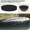 A collage of images showing a black hot tub cover, both folded and on a hot tub, with a bamboo fence in the background. Produktbild-Vorschau