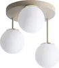 A three-light ceiling lamp with white globe shades and a beige and gold fixture, presented on a white background. Produktbild-Vorschau