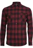 A close-up studio shot of a red and black plaid flannel shirt. Produktbild-Vorschau