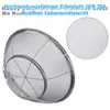 A close-up view of a stainless steel kitchen sieve with a magnified inset showing the mesh detail. Text overlays describe the product's material and features. Produktbild-Vorschau