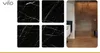 A collage showing four samples of black marble-patterned vinyl flooring and a lifestyle shot of a modern bathroom with a walk-in shower. Produktbild-Vorschau