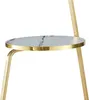 A close-up shot of a round table top with a marble-like pattern and a gold rim, supported by a gold metal leg. Voir les images du produit